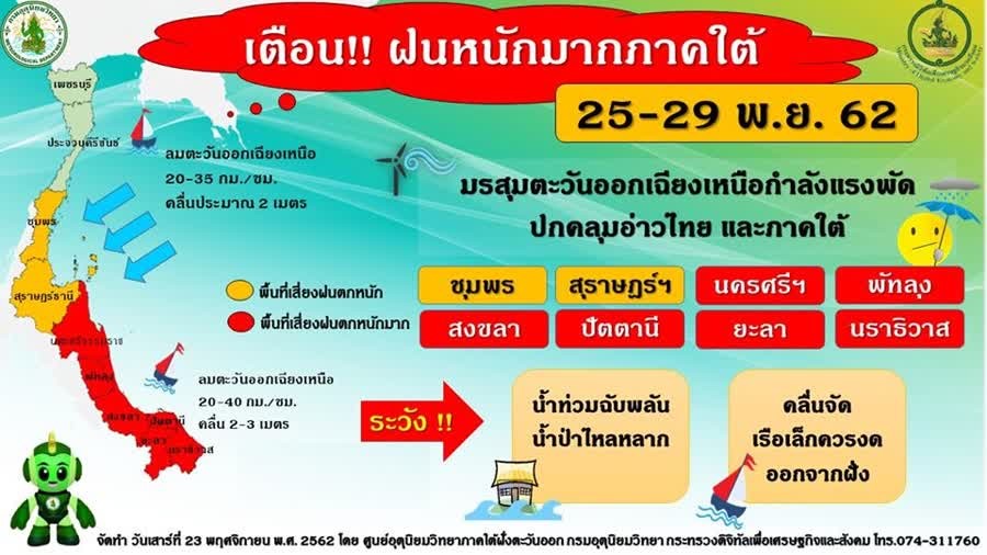 อุตุฯ ใต้ แจ้งเตือนระวังฝนตกหนักภาคใต้
